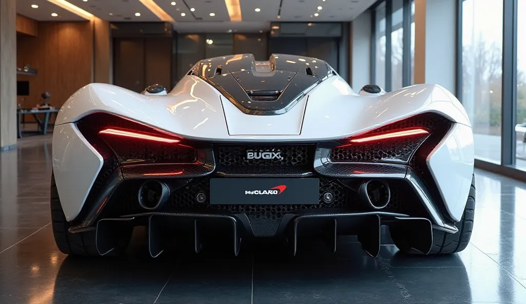 An ultra-realistic image of the Aggressive (back  view)  end of a futuristic  (2025 McLaren Artura Spider –) The car features a large, imposing, kand aerodynamic design with a dark(white) and shiny exterior. Aggressive (back view)  end has a wide, aggressi...