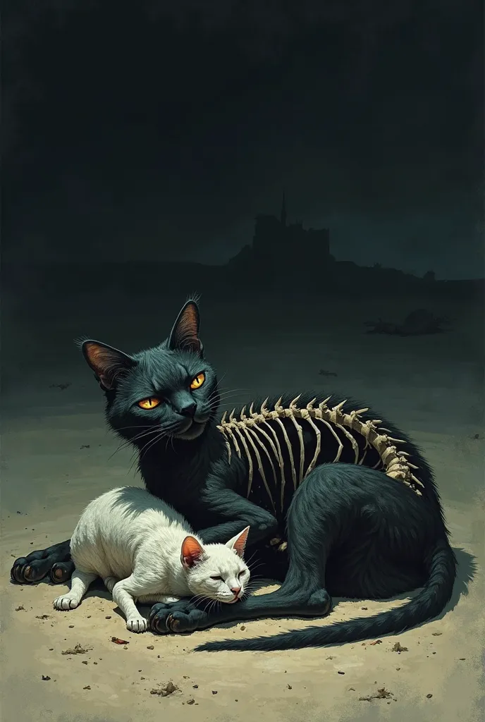 A sick massive huge black cat with all his ribs and bones outside his body and also a small sick white cat with all her ribs and bones outside near a sandy beach at very dark nigh sleeping 