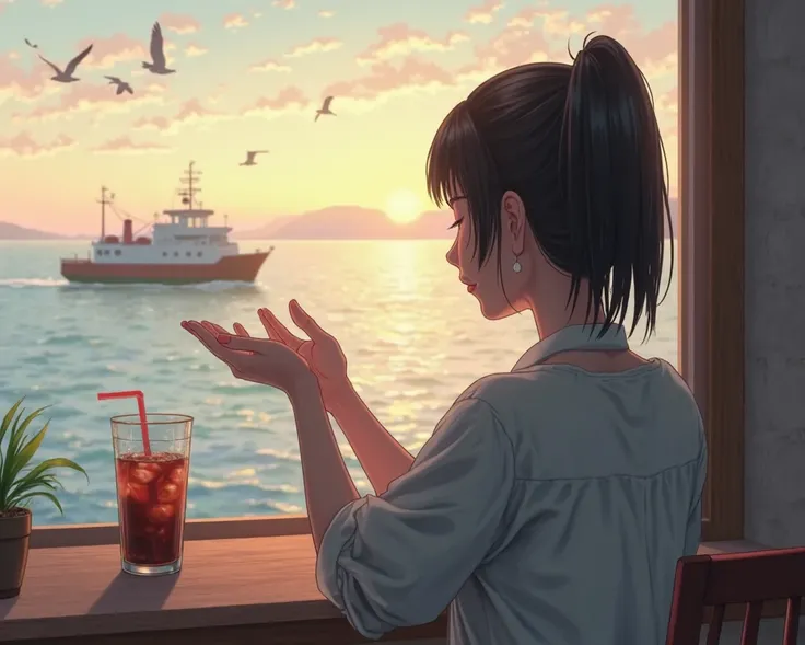 A picture of a Japanese woman holding out her palms here with hand power 。Age: 25、my hairstyle is black hair and a short ponytail。Sadness。 quietly staring at the afternoon sea seen from the restaurant window 。
it's a quiet restaurant。
Sit down by the windo...