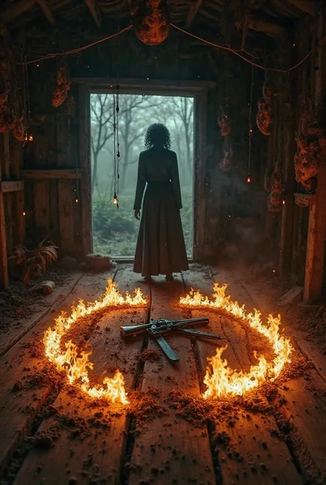 A circle formed with two drawn snakes made of dust burning in flames with a revolver and a machete in the middle. All this inside an old cabin where you can see the heads and legs of chickens hanging from wires that fall from the ceiling.. And in the backg...