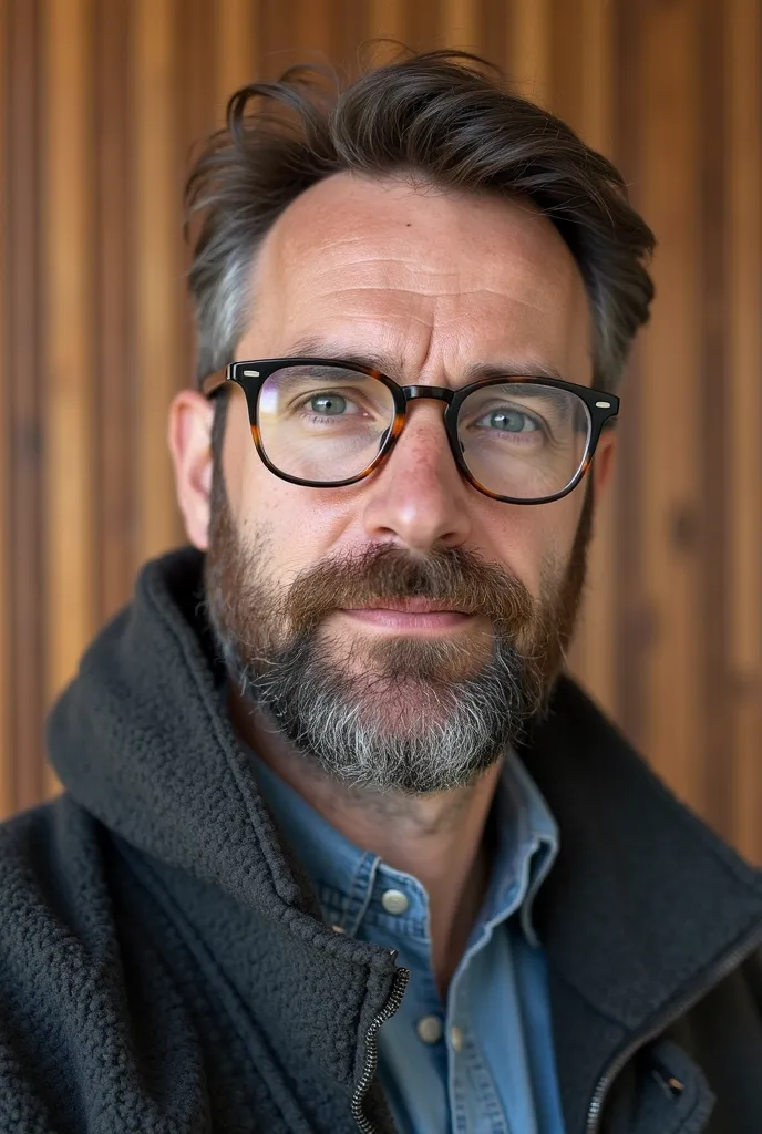 there is a man with a beard and glasses standing in front of a wooden wall, 3 , 2 , 2 , real detailed face, 8k selfie photograph, 2 , 2 , about 3 , detailed unblurred face, 3 , 38 years old