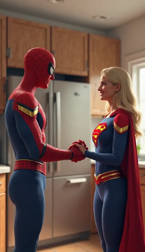 A highly realistic 3D render of Spider-Man and Supergirl standing in a modern kitchen, shaking hands with friendly expressions. Spider-Man, in his classic red and blue suit with fine webbing patterns, extends his hand confidently. Supergirl, wearing her ic...