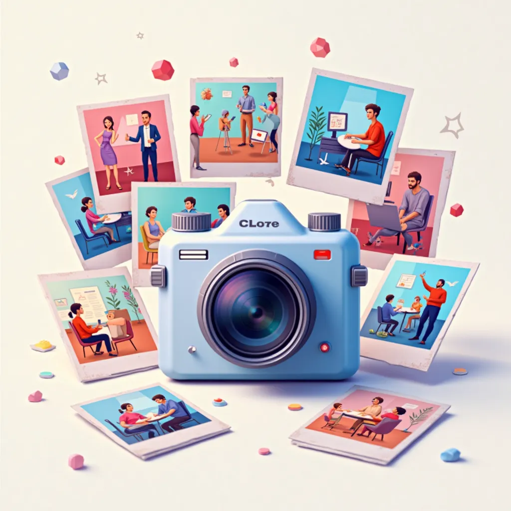 an HD plain (2d) and vibrant illustration of a plain 2d camera and a bunch of printed pictures around it. Use awesome field of view. Use Images of corporate trainings and bootcamps.