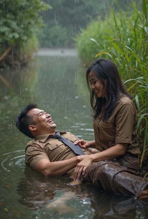 Romantic couple. An Indonesian man lying in the river, raining. On the right and left sides of the river, there is lush grass, laughing happily, there is a woman ((big breasts)) sitting smiling and trying to bite the zipper of the man's pants with her teet...