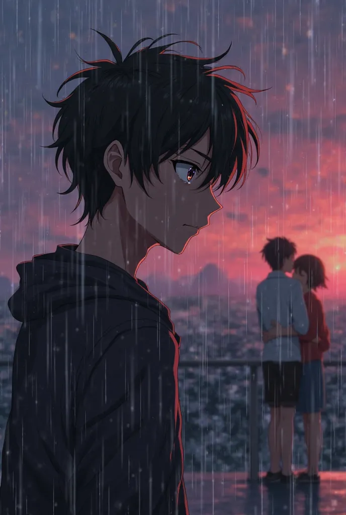 A melancholic anime scene featuring a young man with messy black hair and sad eyes, standing in the rain, watching his girlfriend smiling with another man. His heart sinks as memories flood his mind—flashbacks of their happiest moments together: laughing u...