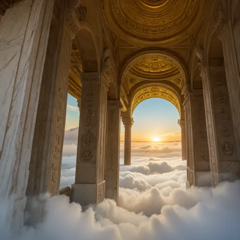 A colossal temple floating above the clouds, supported by white marble pillars adorned with shimmering golden runes. Sunset light reflects off sculpted walls, as heavenly waterfalls fall into the void below. Rays of light pierce the golden mist,  creating ...