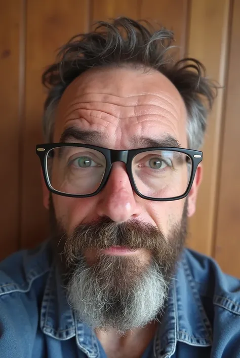 there is a man with a beard and glasses standing in front of a wooden wall, 3 , 2 , 2 , real detailed face, 8k selfie photograph, 2 , 2 , about 3 , detailed unblurred face, 3 , 38 years old