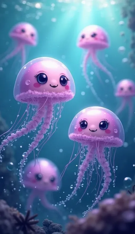 
"A highly detailed underwater scene with several cute and smiling jellyfish. They have soft shades of purple, big shiny eyes, and friendly expressions . The surrounding ocean is incredibly realistic,  with crystal clear waters, rays of light penetrating t...