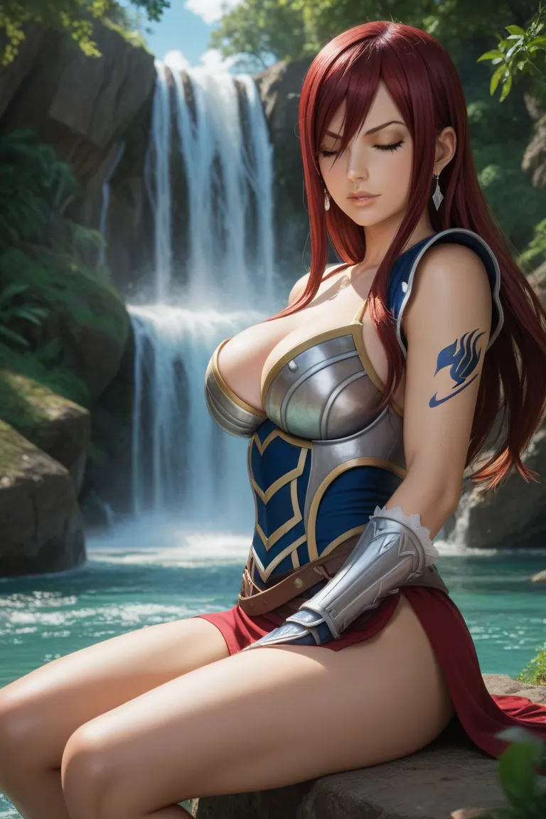 masterpiece, high resolution, high quality, high details, super details, accurate, anatomically correct, textured skin, BREAK, 1girl, erza scarlet (FAIRY TAIL), long hair, red hair, hair over one eye, brown eyes, blue tattoo on left arm, diamond-shape silv...