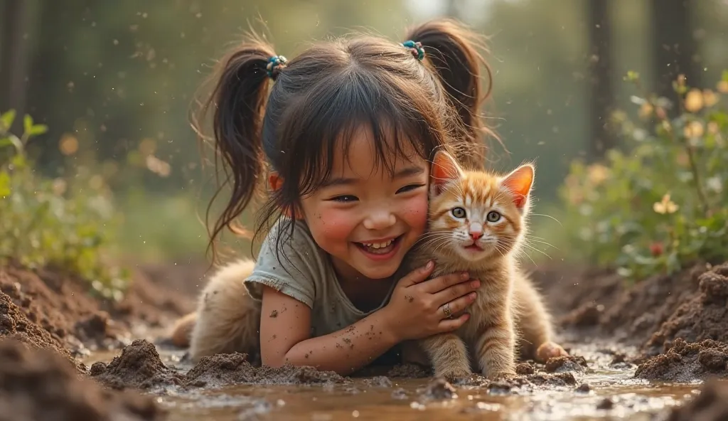 The girl and the kitten playing together in mud, both covered in dirt, laughing and happy.

