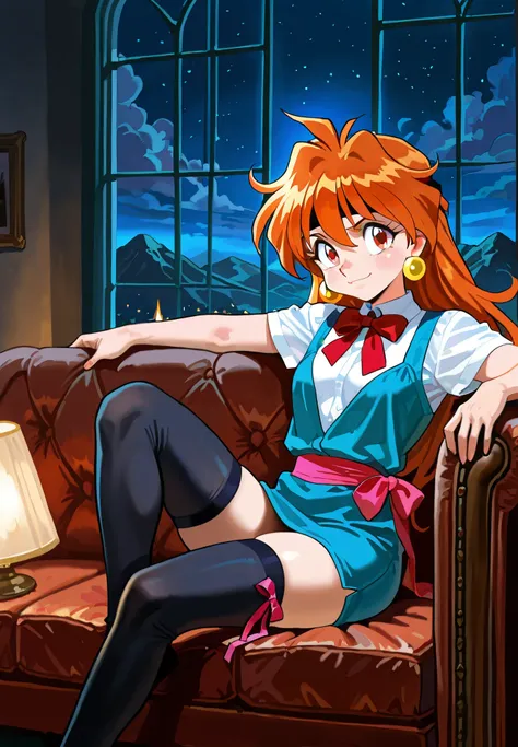 1girl, Lina Inverse, ginger hair, sitting on a couch, thigh highs with ribbons, alluring pose, BREAK, night time, mountain cottage, cinematic lighting,