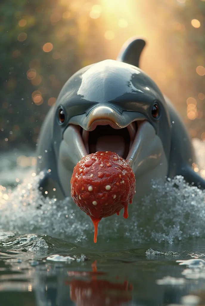 A minced meatball in a dolphin's mouth, Motion Blur, Bokeh, God Rays, High Details, Realism, 