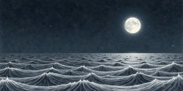 MOON & OCEAN WAVES JAPANESE PRINT Blachère dessin en crayon noire