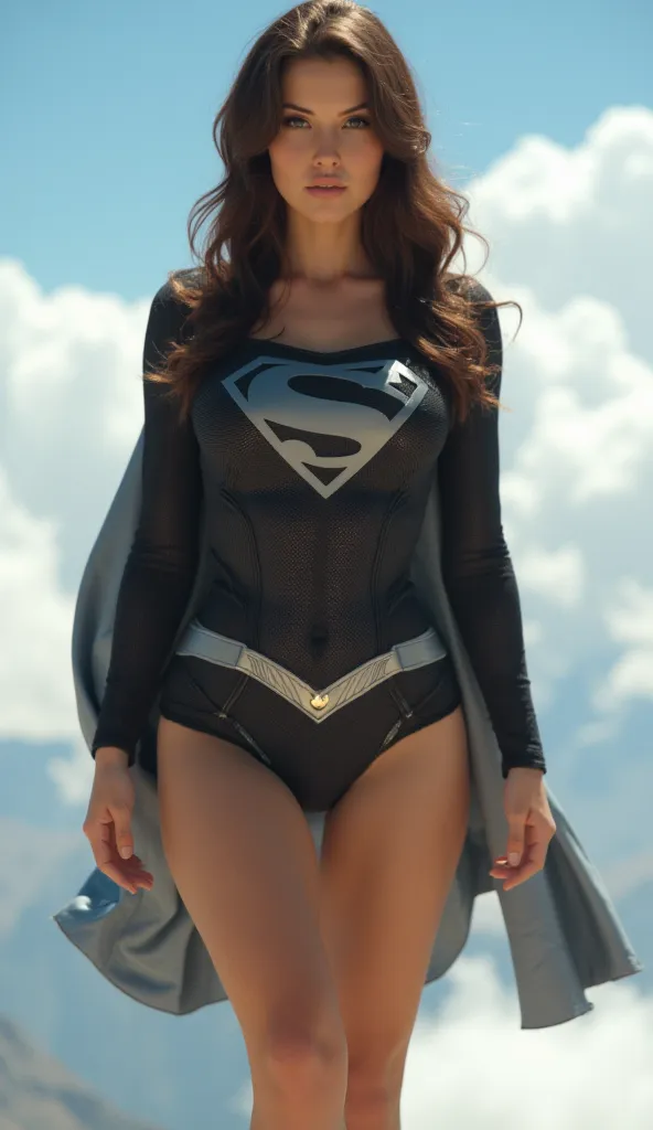 (masterpiece), realistic, brunette, slim, 7 foot tall, long hair, gigantic breasts, massive tits, round breasts, wide hips, big butt, thick thighs, superman costume, dressed as Superman, wearing a black outfit, completely black costume, dressed as Superman...