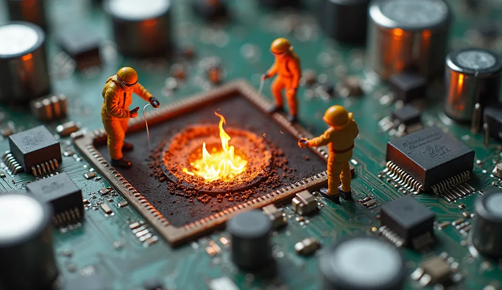 Inside a damaged motherboard, ((realistic human miniatures)) assess the burnt remains of a blown capacitor. Some tiny firefighters in protective gear spray coolant foam, while engineers take samples for analysis. A tiny forensic scientist scans the area wi...