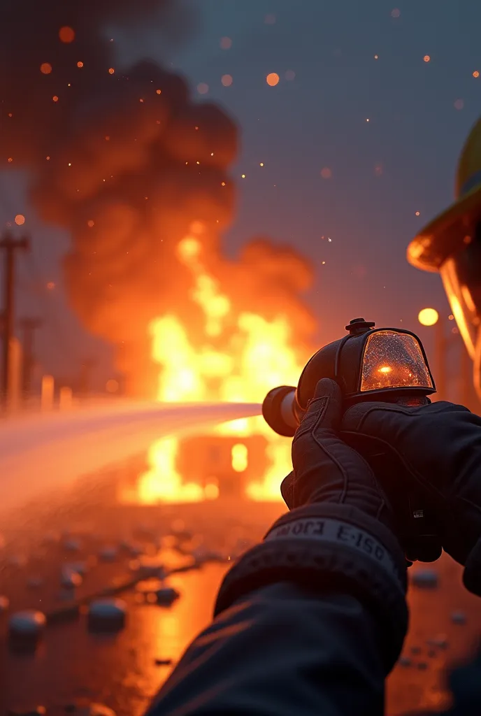 a hyper-realistic animation of a first-person firefighter scene. The viewer sees through the firefighter’s eyes as gloved hands grip a fire hose spraying powerful jets of water at roaring flames engulfing a building. Smoke billows into the night sky, ember...