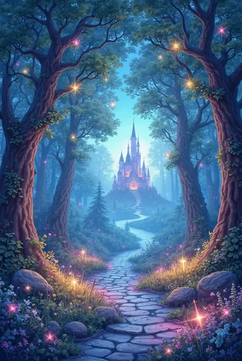 A whimsical and magical book cover'. The cover features a dreamy enchanted forest with glowing fairy lights, a celestial castle in the distance, and a mystical aura. The design is colorful, with soft pastels and magical sparkles, making it feel like an enc...