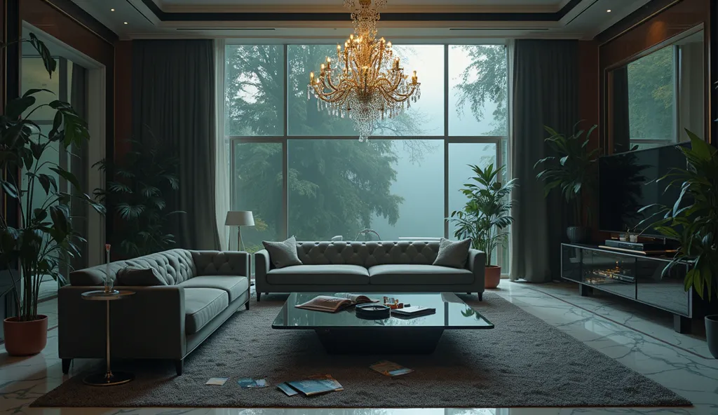 A grand yet secluded 1980s mansion, enveloped by a dense forest stretching beyond towering floor-to-ceiling windows, where mist clings to the trees outside. Inside, pure 80s luxury unfolds—polished black and white marble floors reflect the soft glow of a m...