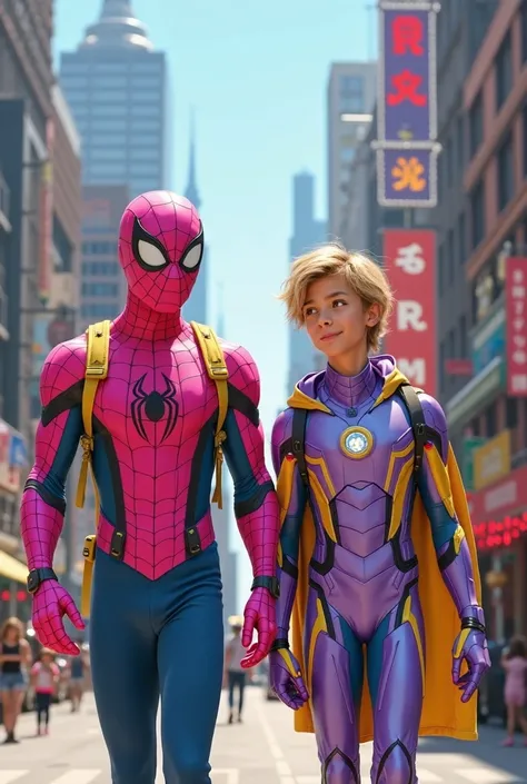  A  male,handsome face , wearing a pink spiderman costume and a yellow combination and a 15-year-old boy,handsome face , blonde ,wearing a light purple ironman costume with a yellow combination, Walking together in the streets of the city,  realistic image...