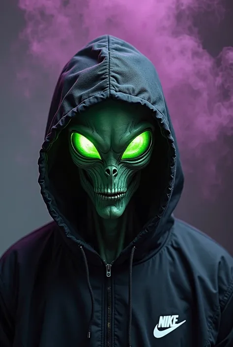 Human alien , black hoodie jacket without details , Brand Nike Grafit color white, purple wallpaper , special effects, smoke green dark lemon , ultra realistic details on the human alien's face, Maximum quality eyes light effects dark lime green rays
