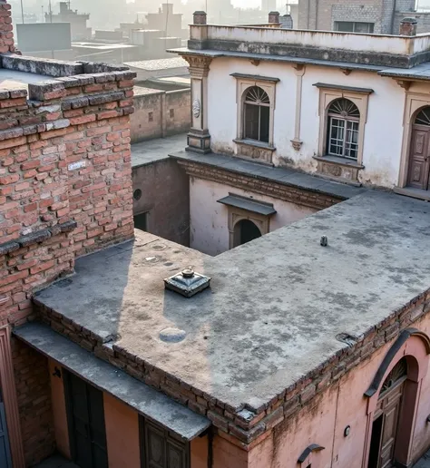 From the vantage point of an aged rooftop in old Lahore, the camera captures the awe-inspiring moment of dawn as the rising sun emerges. The early golden light spills over the horizon, illuminating the timeworn edges of a weathered house’s roof and reveali...