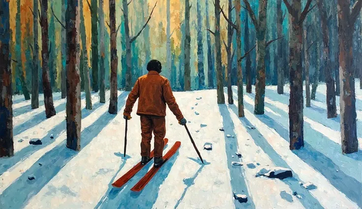 a painting in the style of Russian avant-garde: In the foreground there is an abstract figure of a man,  He holds broken skis The background of the picture is a forest,  The trees are depicted as vertical stripes of different shades of green and brown, and...