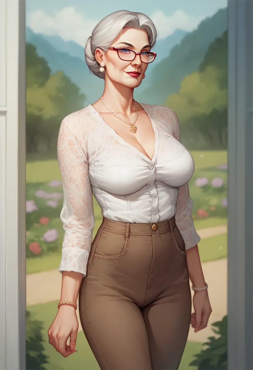 "Beautiful middle-aged grandmother ,  has a few graceful wrinkles .,  wears a fitted blouse and tailored pants that highlight her figure.  The blouse has a soft color and delicate lace on the sleeves ,  pants comfortably cover the legs .  wears stylish gla...