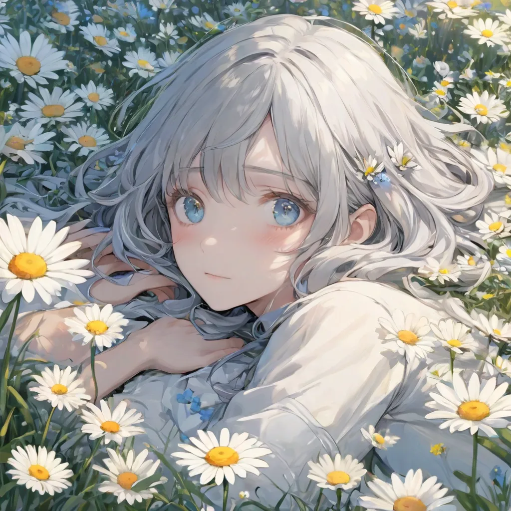 (masterpiece), (Best Quality), ( Super Fine Illustration ), (beautiful detailed eyes), {extremely fine light}, {The character in the painting }, {{very fine 8K CG wallpaper}}, Upper body, , (1Man:1.1), Lying in a flower field, daisy, beautiful detailed eye...