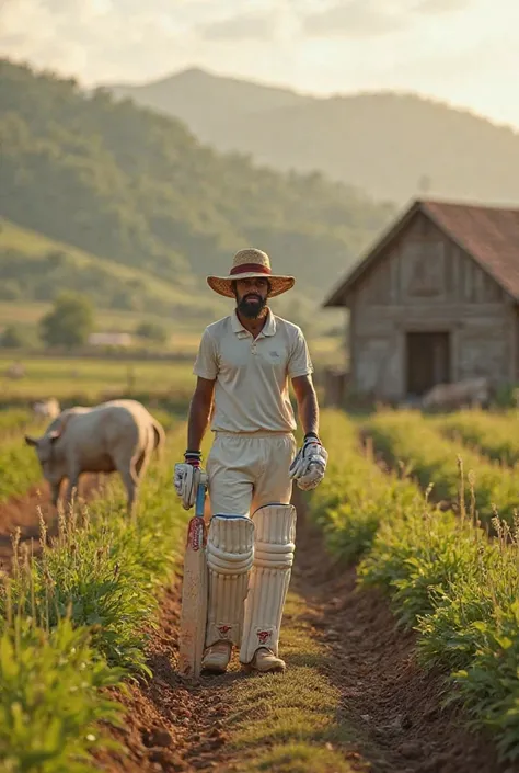 Create a photo of an cricketer who is farming in the farm 