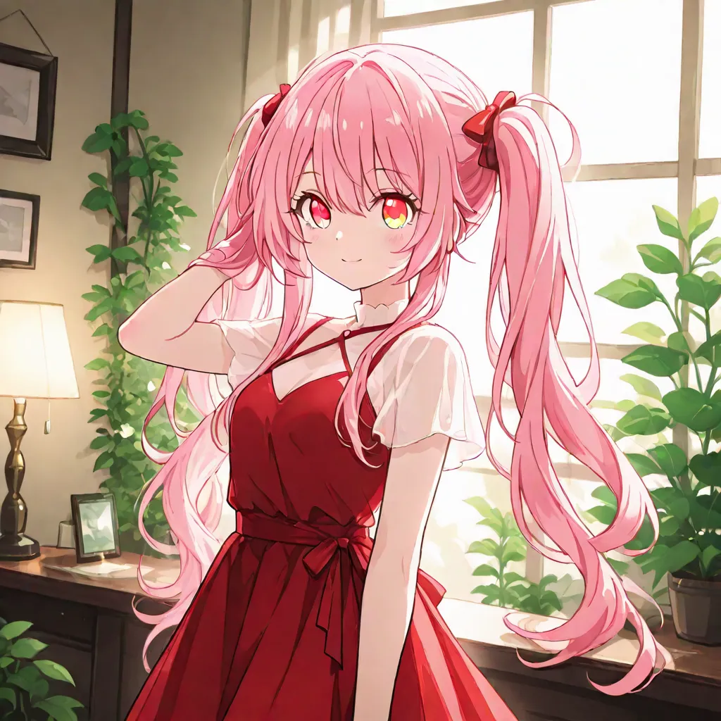 long pink hair，Tie double ponytails， Amber Apricot Eye，Cute  in Red Dress，Adventure in the forest of a fantasy world