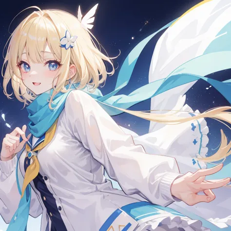 source_anime, score_9, score_8_up, score_7_up, 1girl,Women 20s,blond hair,Transparent white skin,Bangs are swept short,straggling hair,white blouse,Light blue cardigan,Blue scarf,large eyes,long eyelashes,Drooping ears hair ornament,Hair half up,singing,sm...