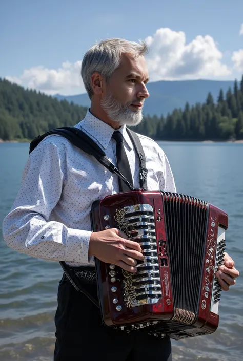 "A photo-realistic portrait with 100% realism and no extra elements, featuring a bayanist musician with the exact same face, anatomy, and attire as the man in the original photo, wearing a white dotted shirt and dark tie, playing a realistic bayan (accordi...