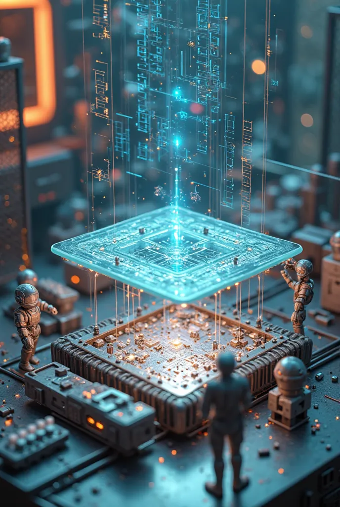 Inside a futuristic quantum lab, ((realistic human miniatures)) are assembling a floating quantum circuit board. Some workers operate robotic arms to precisely place superconducting components, while others hover in tiny exosuits, soldering connections. A ...