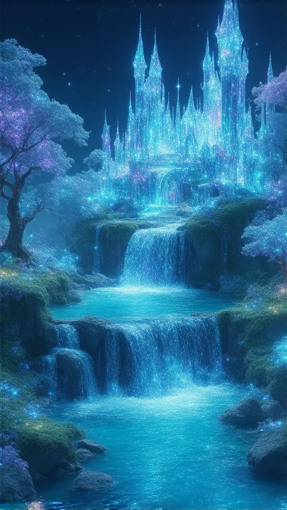 "Magical、and generate an illustration of a glittering fantasy world。sparkling crystal trees with leaves that sparkle like diamonds々、green々Like a river of liquid starlight flowing through bioluminescent meadows、imagine a vast landscape filled with graceful ...