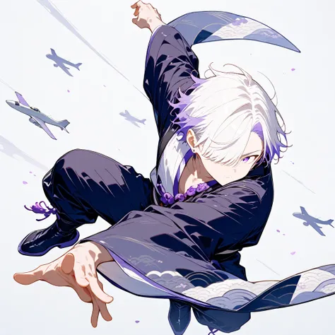 masterpiece, high score, great score, absurdres,
1boy,dynamic pose,male focus, 20-yo,toned,twink,white hair, side-parted, lilac highlights, hair over one eye,purple eyes, single purple earring,BREAK avant-garde japanese clothes,plane background,year 2025