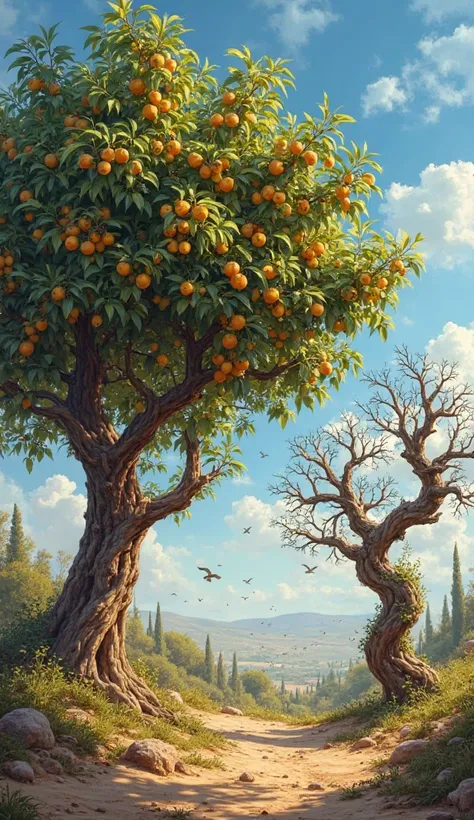 A highly detailed image of two contrasting trees set in an ancient Middle Eastern orchard. One tree is lush, full of green leaves and bearing ripe, golden fruits that shine under the warm sunlight. The other tree, dry and gnarled, has twisted branches with...