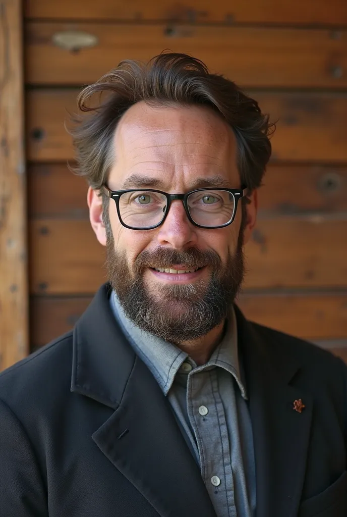 there is a man with a beard and glasses standing in front of a wooden wall, a picture by Niko Henrichon, reddit, hyperrealism, 3 , 2 , 2 , real detailed face, 8k selfie photograph, 2 , 2 , about 3 , 3 