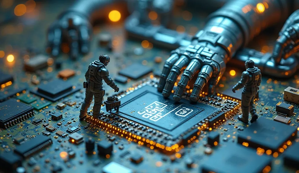 Inside a cyberpunk-style tech lab, ((realistic human miniatures)) work on a biomechanical circuit board powering an advanced cybernetic limb. Tiny engineers install microchips, while robotic arms assist in placing nano-processors. A digital AI assistant ho...