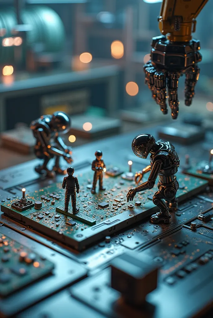 Inside a cyberpunk-style tech lab, ((realistic human miniatures)) work on a biomechanical circuit board powering an advanced cybernetic limb. Tiny engineers install microchips, while robotic arms assist in placing nano-processors. A digital AI assistant ho...