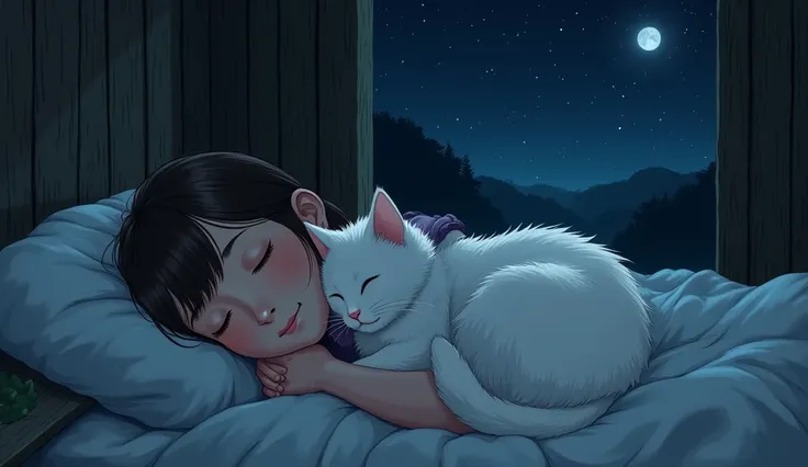 Nighttime scene, village hut, the girl sleeping peacefully hugging her fluffy white kitten, its tail touching her cheek.