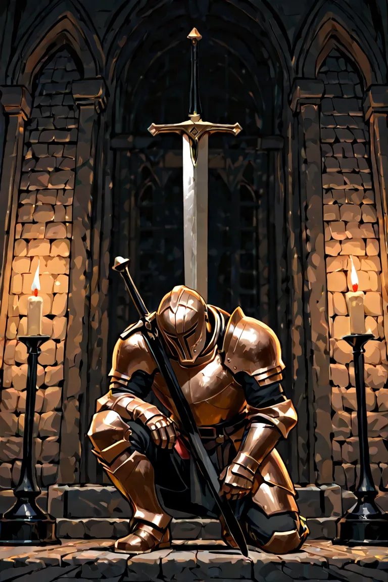 A man in heavy copper armor is on one knee, wearing a helmet that does not cover his face.
He has a long sword. He stands at the altar in a windowless stone room lit only by candles.