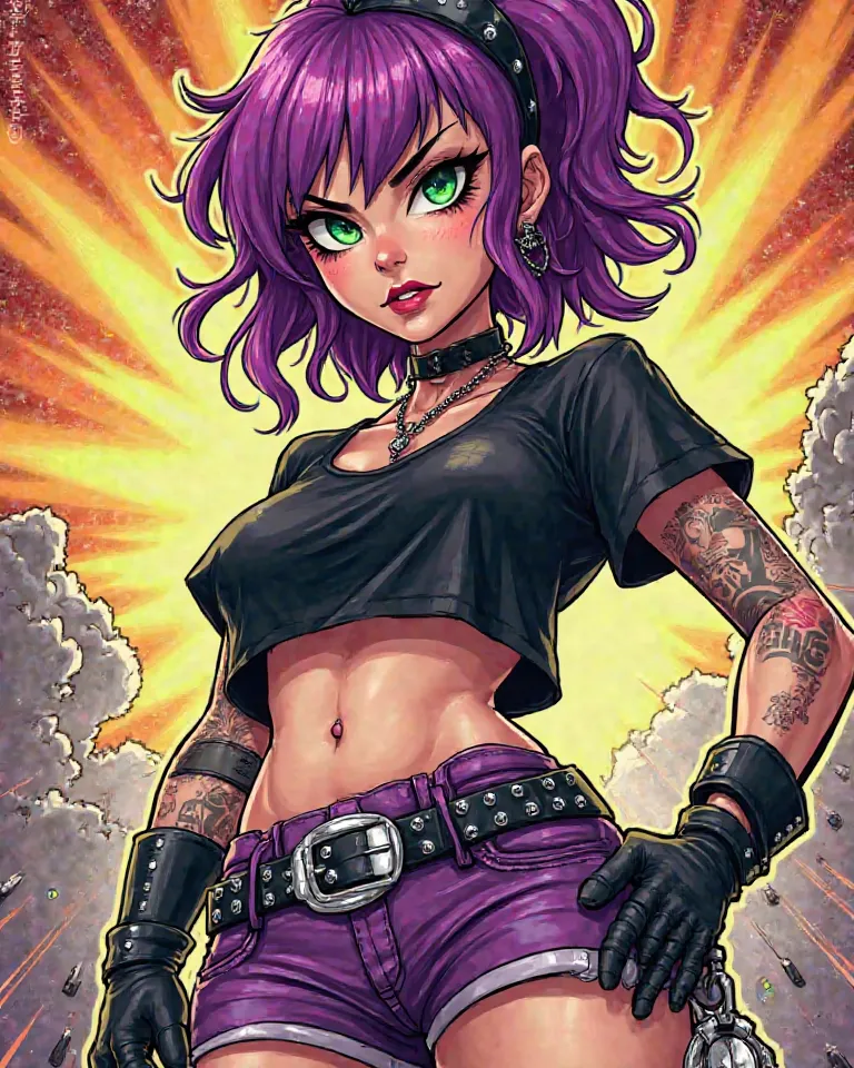 Punk , with punk accessories, violet hair, green eyes,  short violet skirt ,  black shirt, big ass, big chest,  Comic style image 