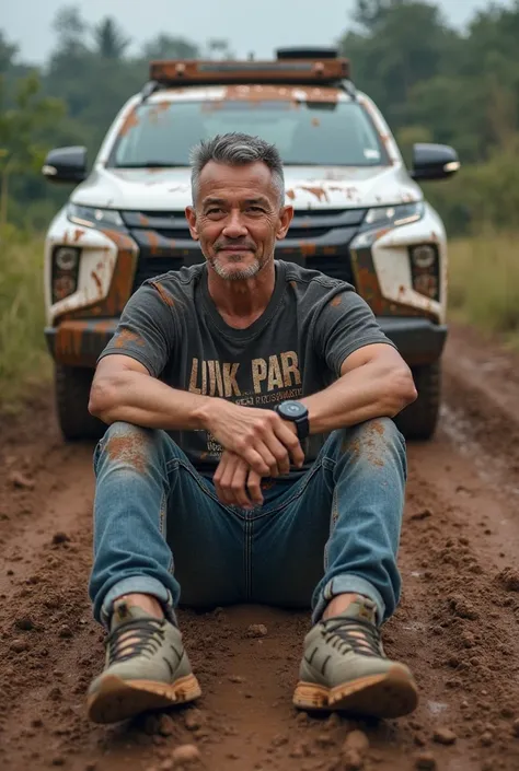 Realistic photography. Photoshoot model professional Indonesian  man ( undercut )grey hair, sitting under the muddy ground. linkin park t-shirt, sneakers, short jeans. white all new Mitsubishi Pajero Sport , muddy road atmosphere. Negative promft Ultra-rea...