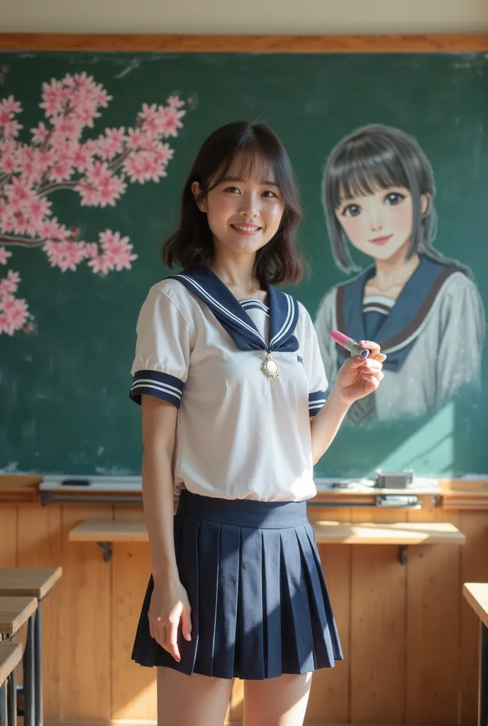 "In a classroom, a young Japanese　woman wearing school　sailor　uniform and a navy mini-pleated skirt stands in front of the blackboard, facing the viewer with a gentle smile. She holds a piece of colored chalk in one hand, and on the blackboard behind her, ...