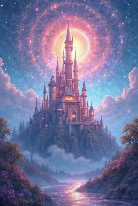 A celestial castle and a mystical aura. The design is colorful, with soft pastels and magical sparkles, making it feel like an enchanted fairytale. The style is clean and printable, ensuring clarity and high resolution.