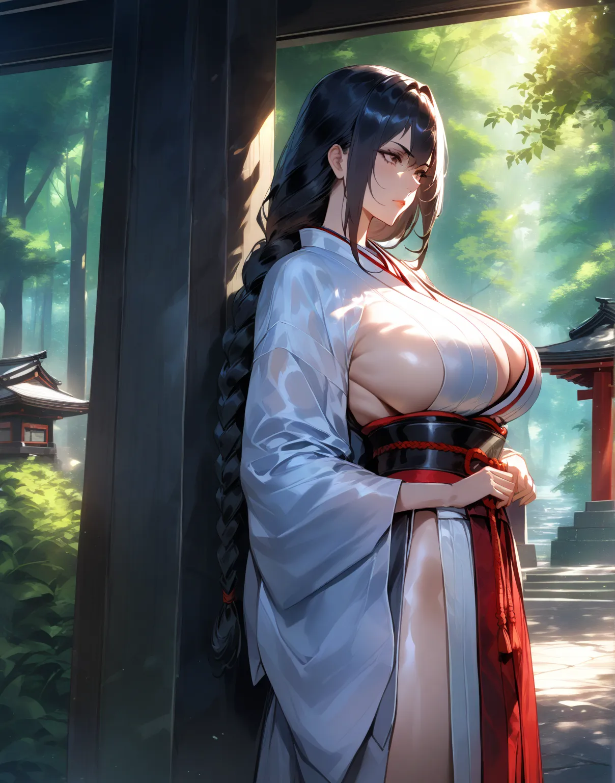 masterpiece, best quality work of art, whm,
age, mature woman,  1girl , Alone,  long hair, regardant le spectateur, Skirt,  black hair, manches longues, big breasts, hair between your eyes, Closed Mouth, debout, tresser,  outside, japanese clothes, jour, m...