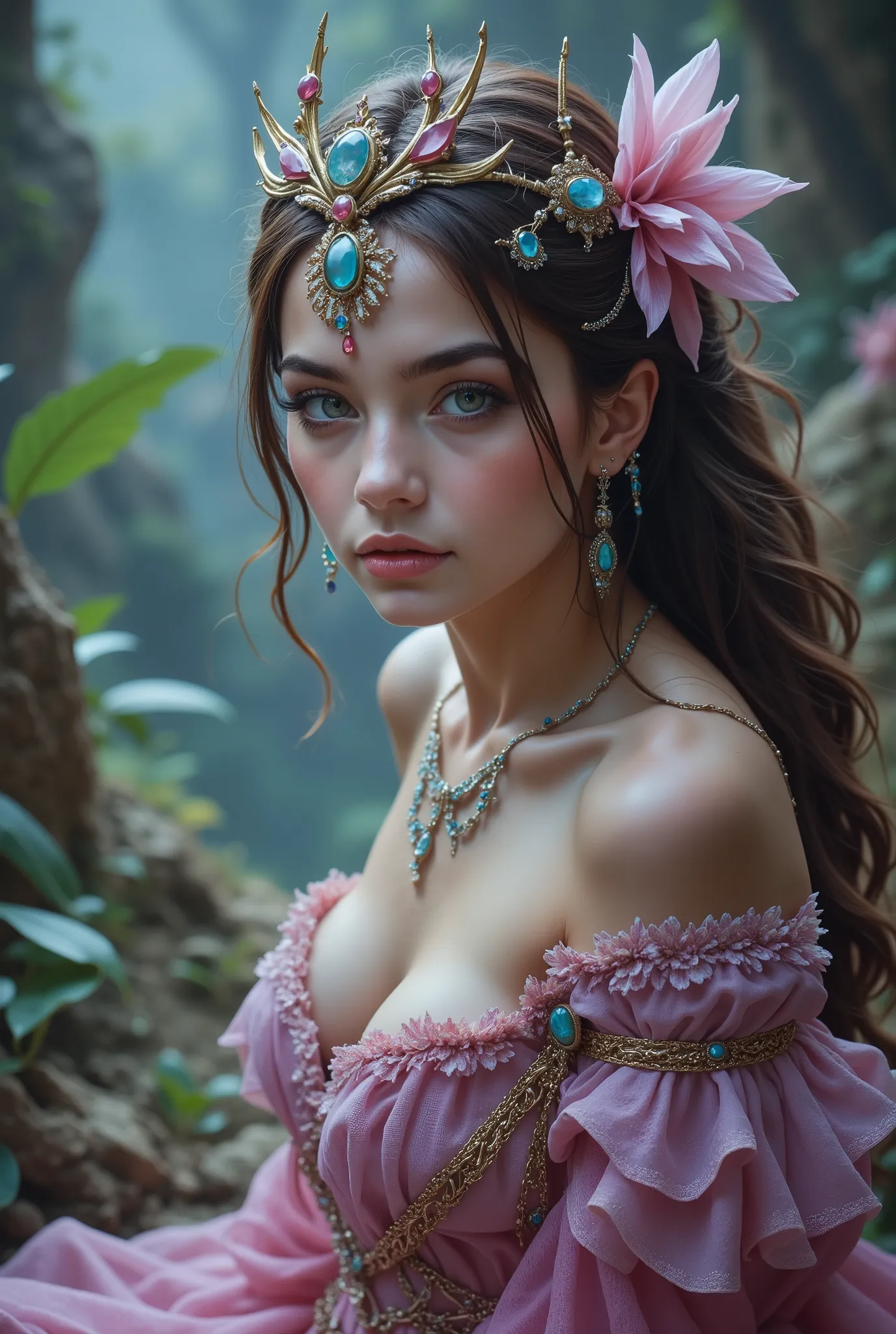 (photorealism:1.2), Hyperspectral Unnatural Beauty A princess from an Unknown Area visits another planet, fell into alien elegance and, her presence so distracting, jewels that it makes them fall to their knees and bow before her.