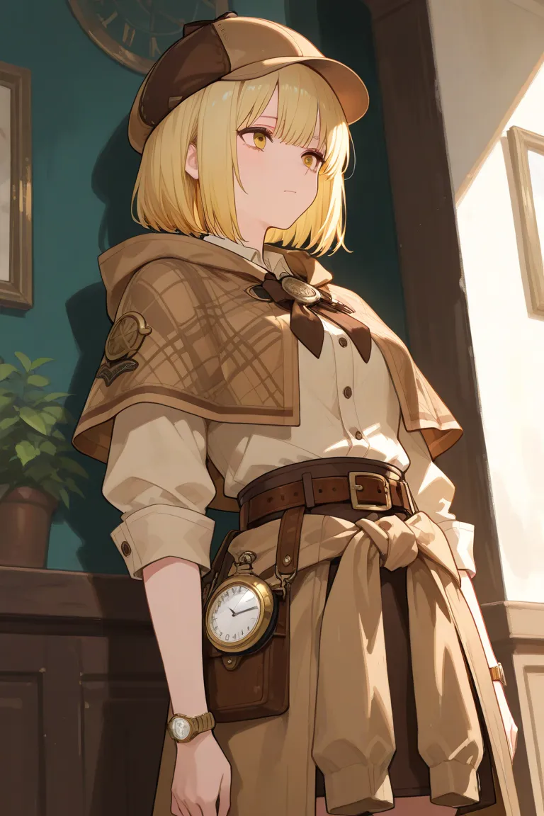 The character has blonde hair, bob and yellow eyes. She wears a brown detective outfit, making her look clean and sharp. In addition, there is a brown belt around the waist ready, which conveys a detective or explorer theme, and she has a watch as an adorn...