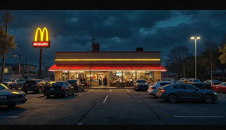 Realistic image McDonald's Outside cars in dark night 