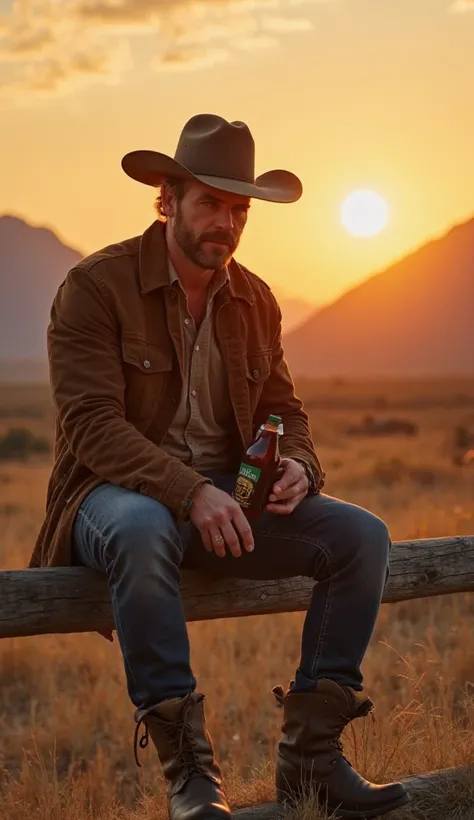 The image depicts a cowboy-looking man sitting by Costa on a wooden fence in the field,  during sunset . He wears a cowboy hat,  brown jacket , shirt, jeans and boots. His gaze is thoughtful as he holds a bottle of drink in his hand. The background depicts...